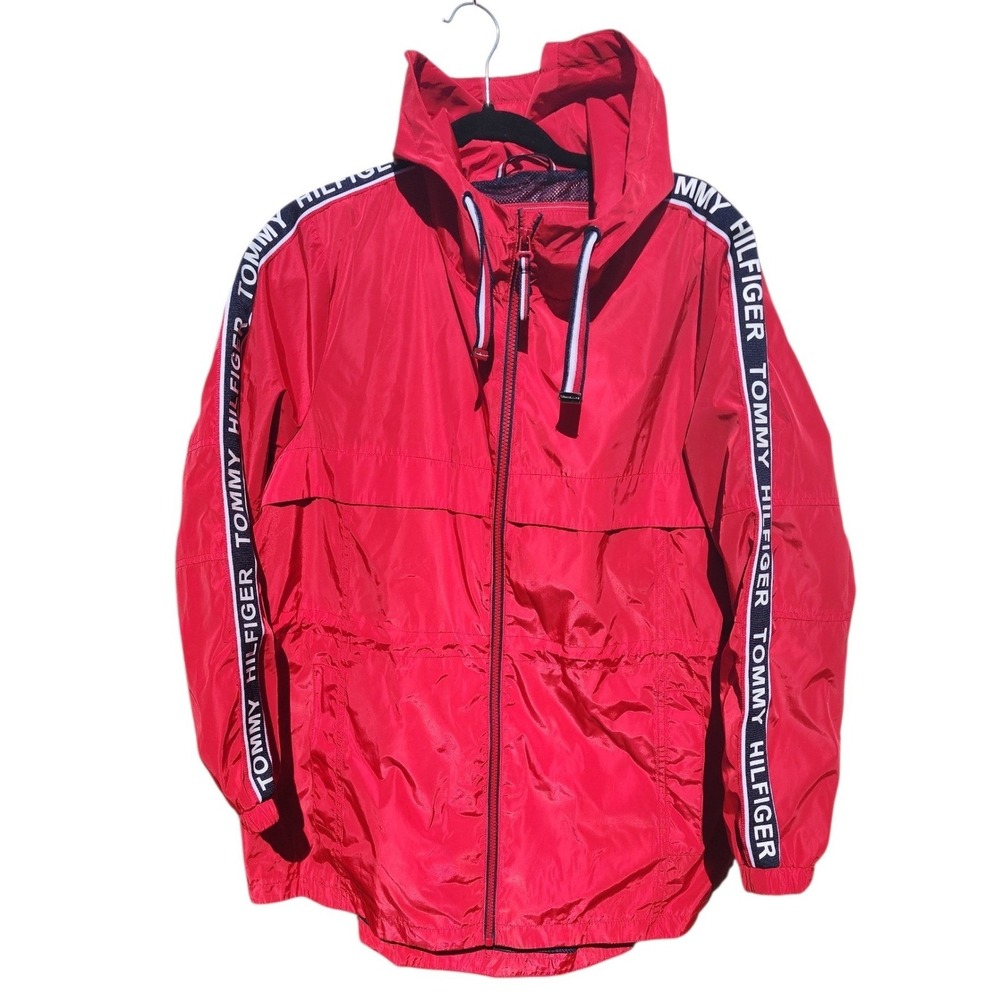 Tommy Hilfiger Mens Red Logo Tape Hooded Windbreaker‎ Jacket Large Full Zip Mesh